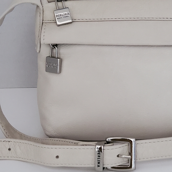 Perlina New York Logo Soft Cream Leather Crossbody Bag - Picture 2 of 10